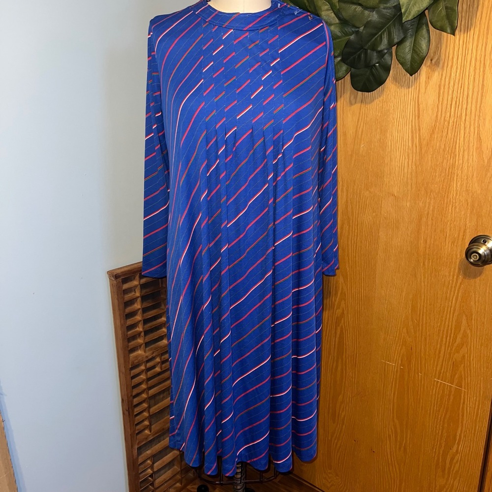 Vintage VTG Blue Striped Long Sleeve Mock Neck Maternity Dress Women's Size M‎